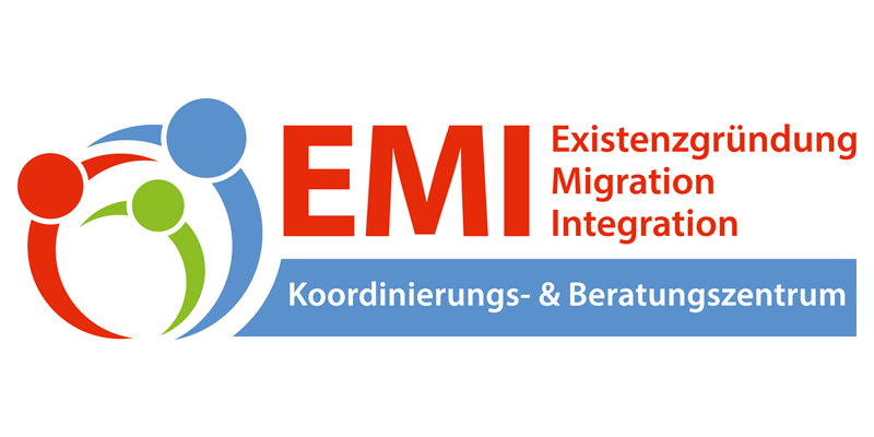 dreifarbige Grafik mit Text "EMI Existenzgründung Migration Integration Koordinierungs- & Beratungszentrum"