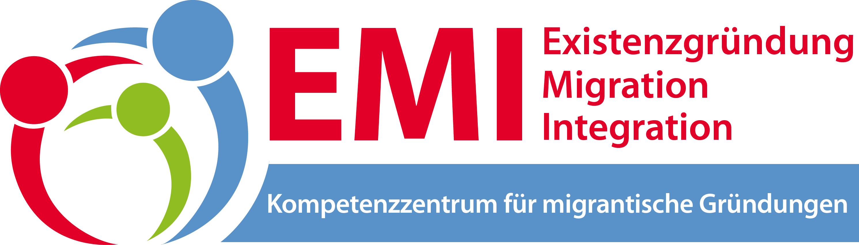 dreifarbige Grafik mit Text "EMI Existenzgründung Migration Integration Koordinierungs- & Beratungszentrum"